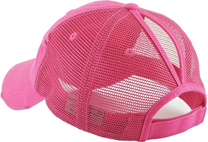 Classic Back Distressed Ponycap (Mesh Hot Pink)