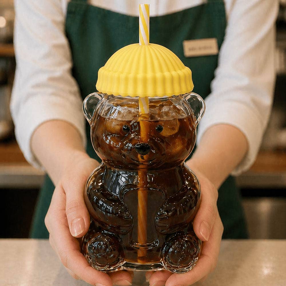 Cute Bear Shaped Glass Drink Cup With Straw