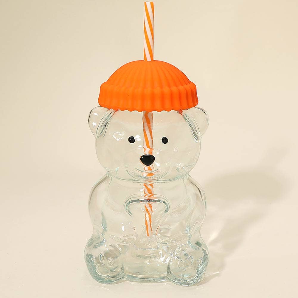 Cute Bear Shaped Glass Drink Cup With Straw