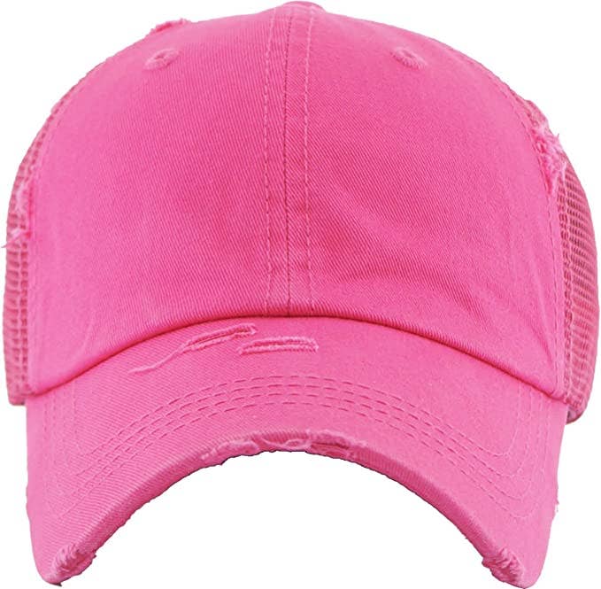 Classic Back Distressed Ponycap (Mesh Hot Pink)