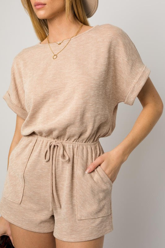 Short Roll-Up Sleeve Elastic Waist Romper