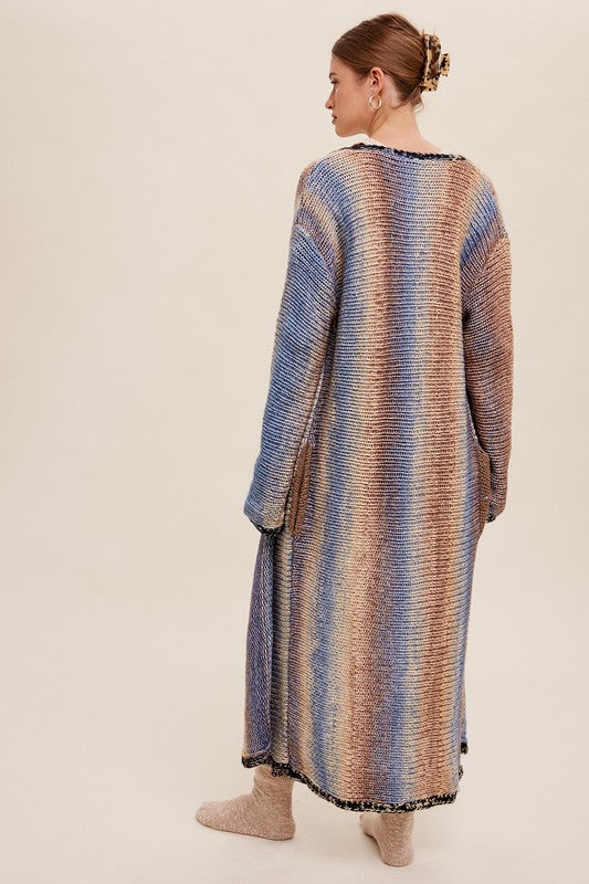 Multi Color Gradation Long Knit Open Cardigan