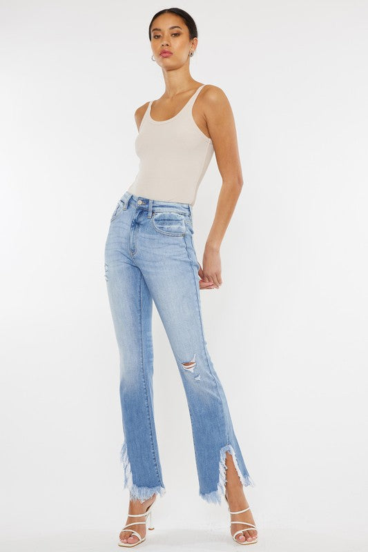 High Rise Leg Distress Bootcut Jeans