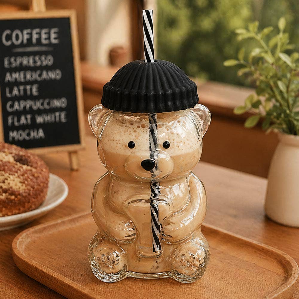 Cute Bear Shaped Glass Drink Cup With Straw