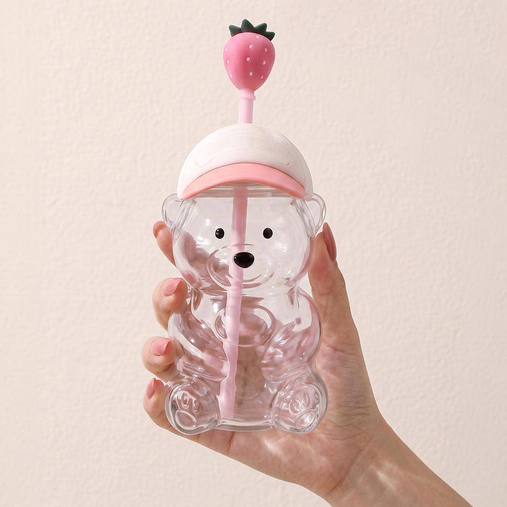 Cute Bear Shaped Glass Drink Cup With Straw