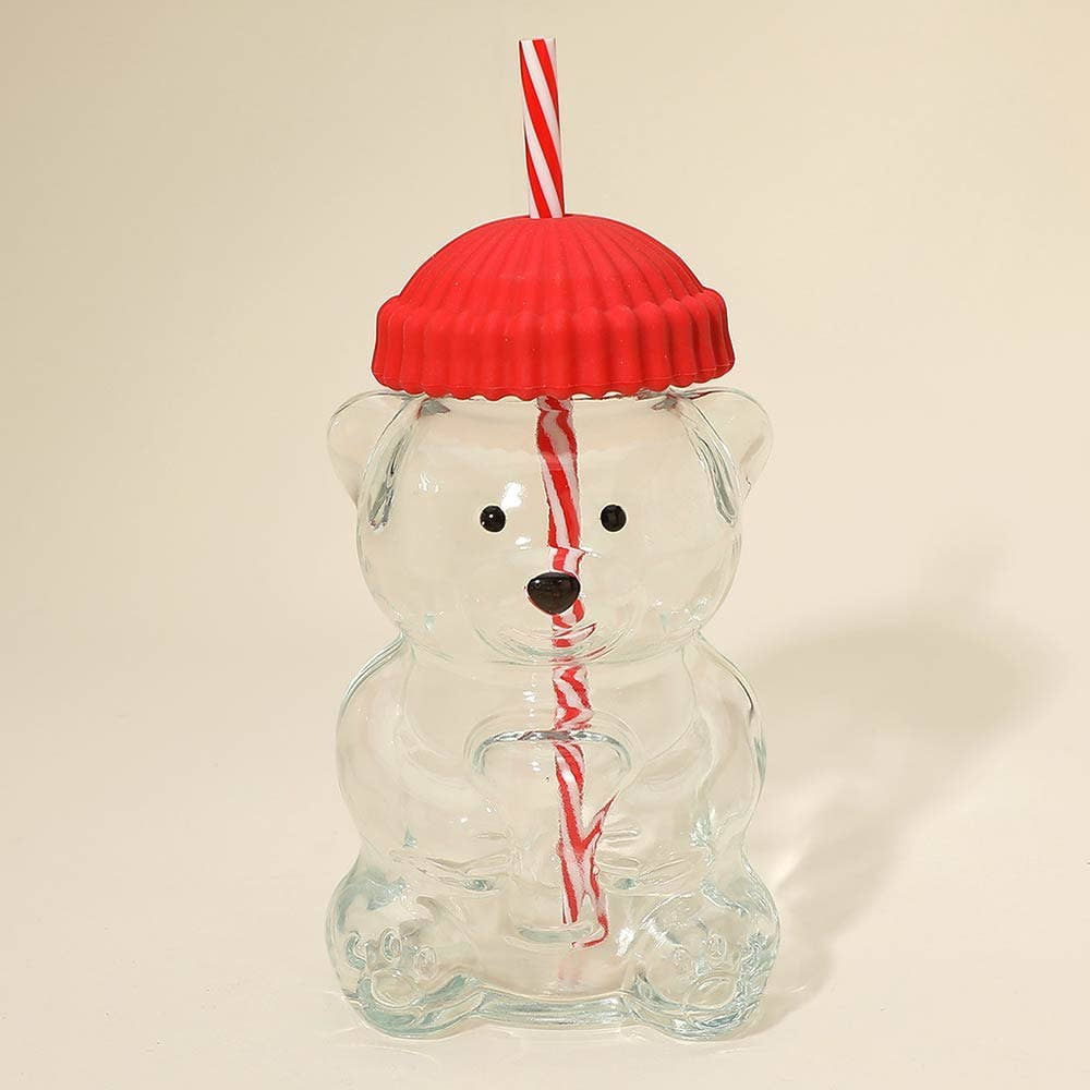 Cute Bear Shaped Glass Drink Cup With Straw