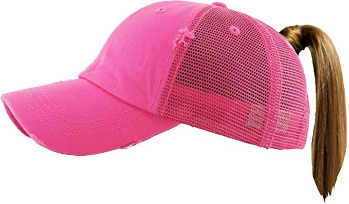 Classic Back Distressed Ponycap (Mesh Hot Pink)