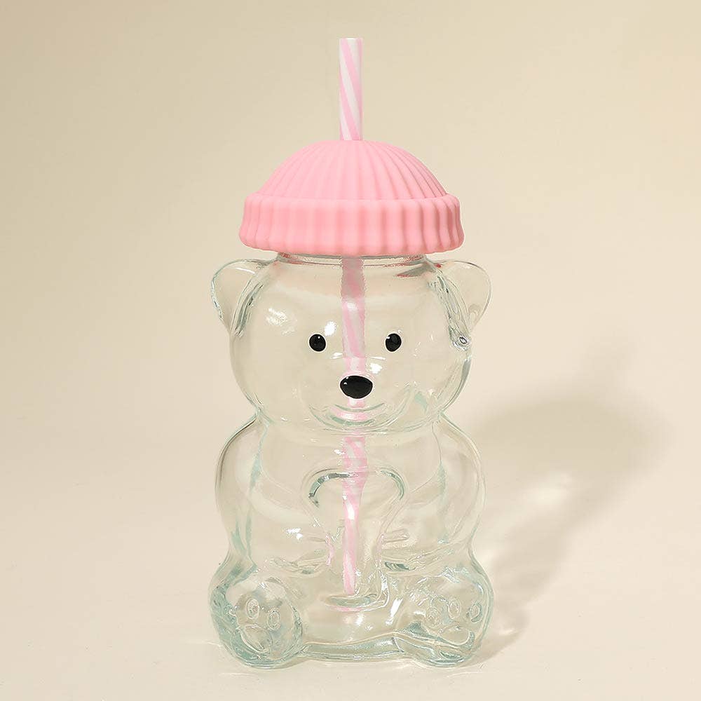 Cute Bear Shaped Glass Drink Cup With Straw