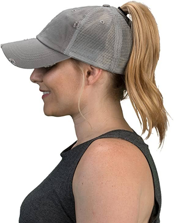 Classic Back Distressed Ponycap (Mesh Lt Grey)