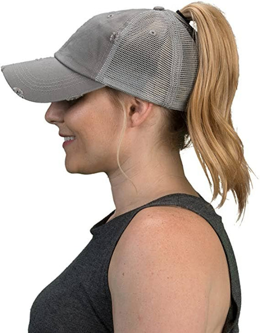 Classic Back Distressed Ponycap (Mesh Lt Grey)
