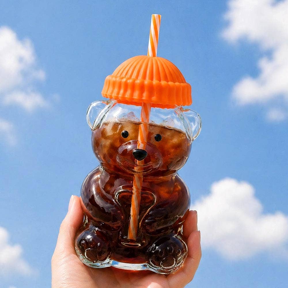 Cute Bear Shaped Glass Drink Cup With Straw