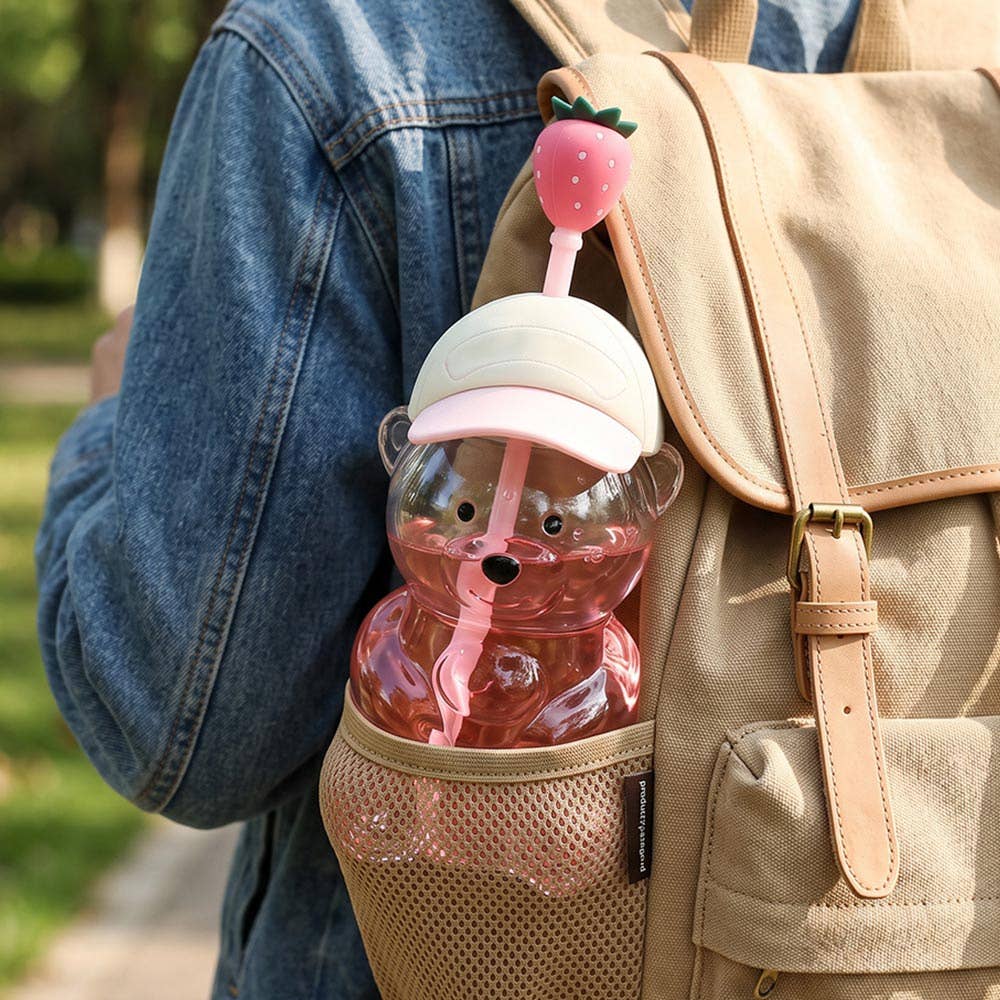 Cute Bear Shaped Glass Drink Cup With Straw