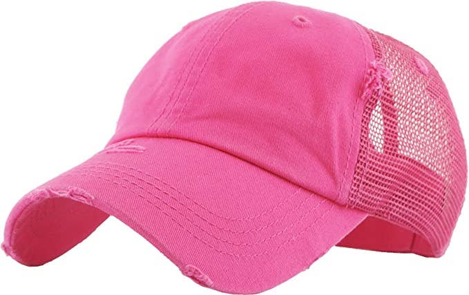 Classic Back Distressed Ponycap (Mesh Hot Pink)