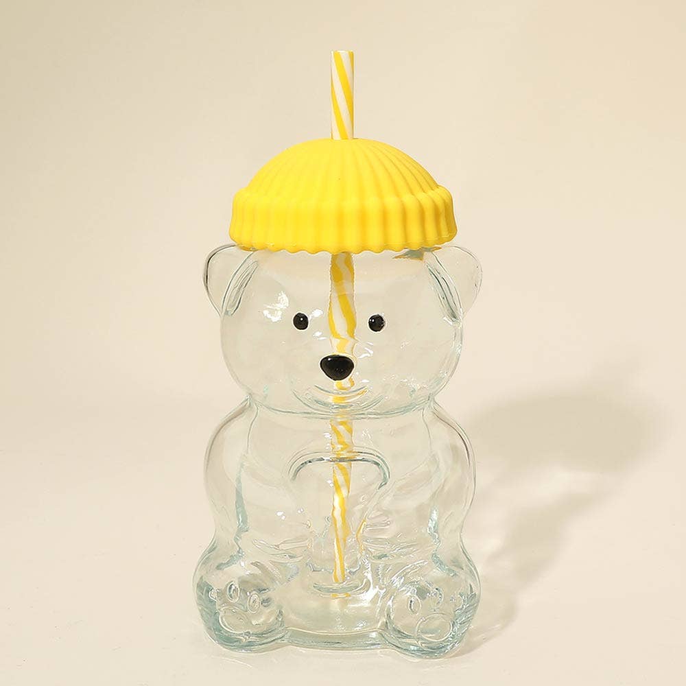 Cute Bear Shaped Glass Drink Cup With Straw