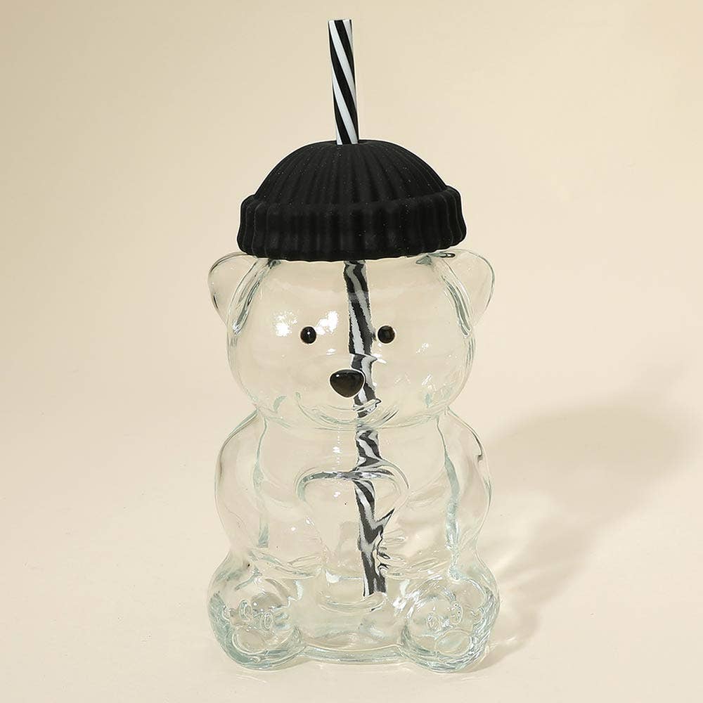 Cute Bear Shaped Glass Drink Cup With Straw
