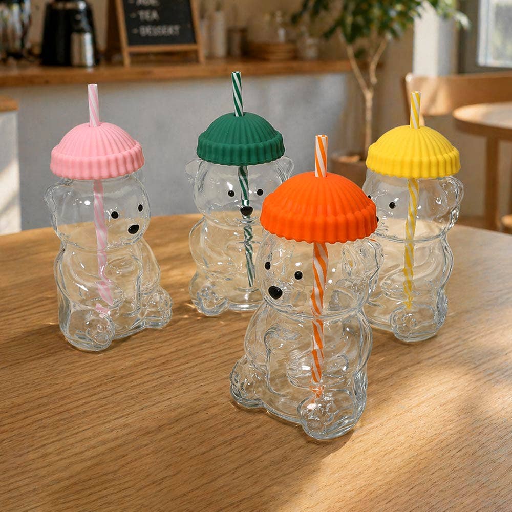 Cute Bear Shaped Glass Drink Cup With Straw