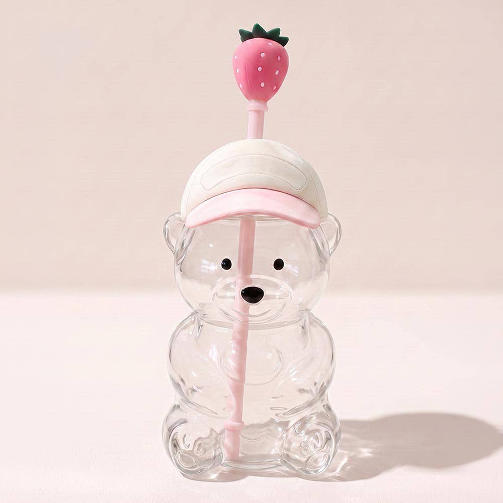 Cute Bear Shaped Glass Drink Cup With Straw