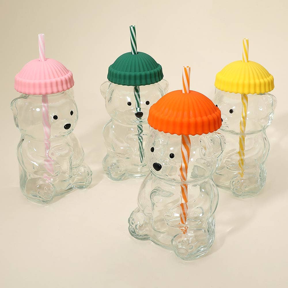 Cute Bear Shaped Glass Drink Cup With Straw
