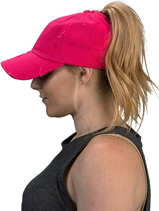 Classic Back Distressed Ponycap (Mesh Hot Pink)