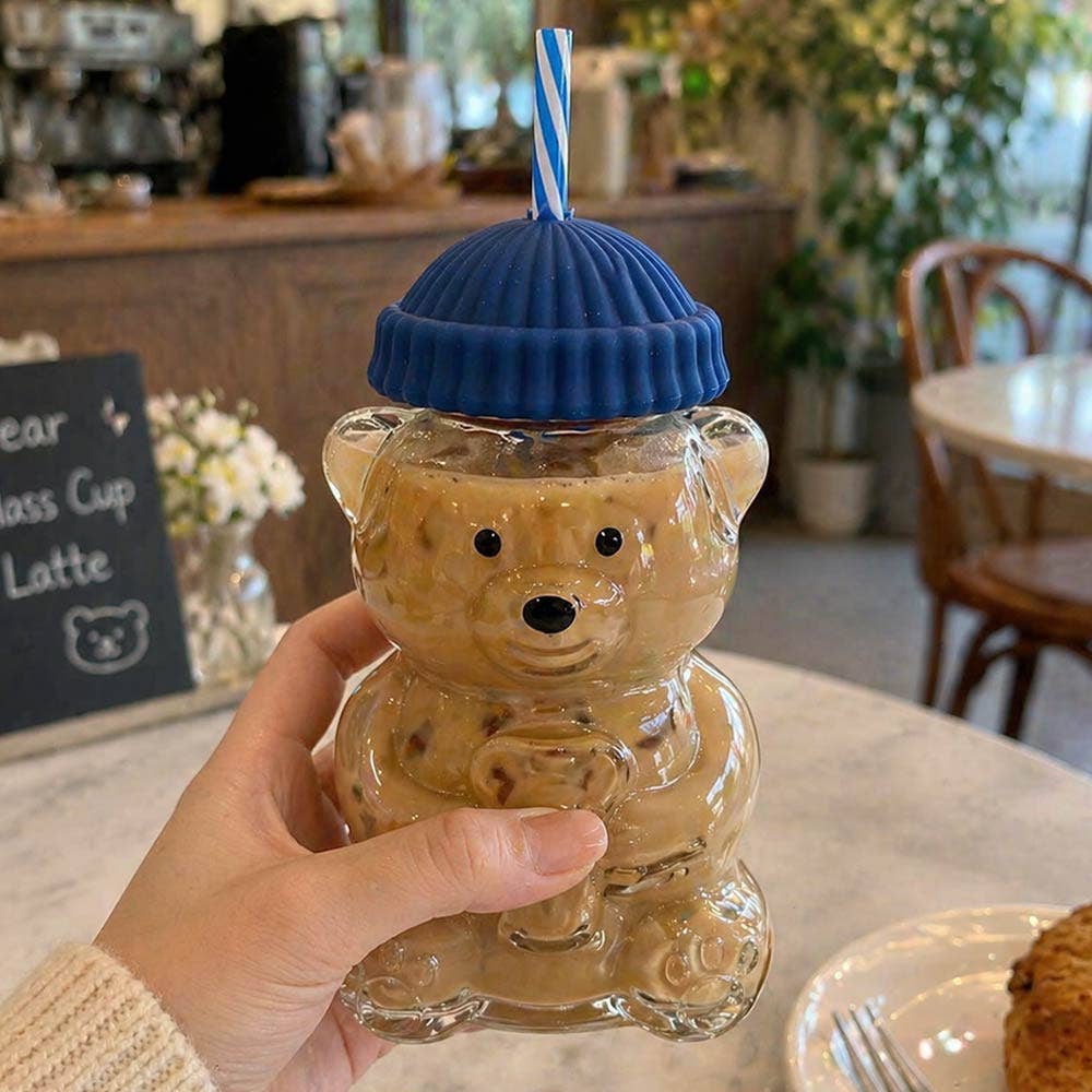 Cute Bear Shaped Glass Drink Cup With Straw
