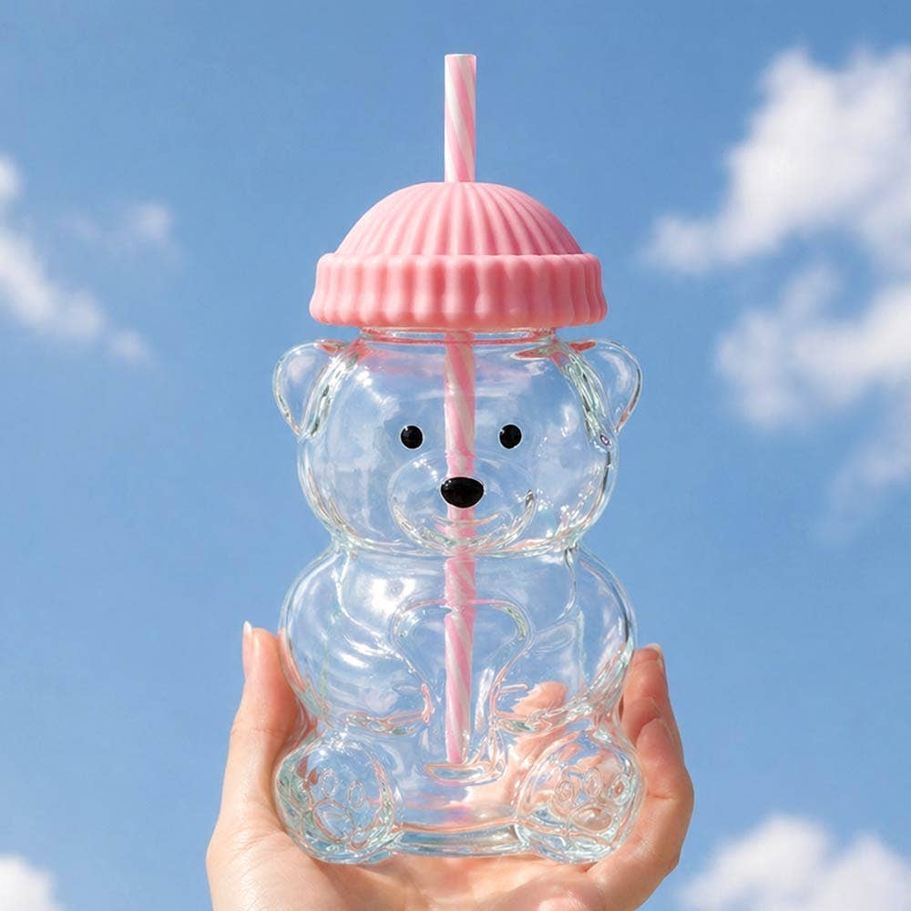 Cute Bear Shaped Glass Drink Cup With Straw