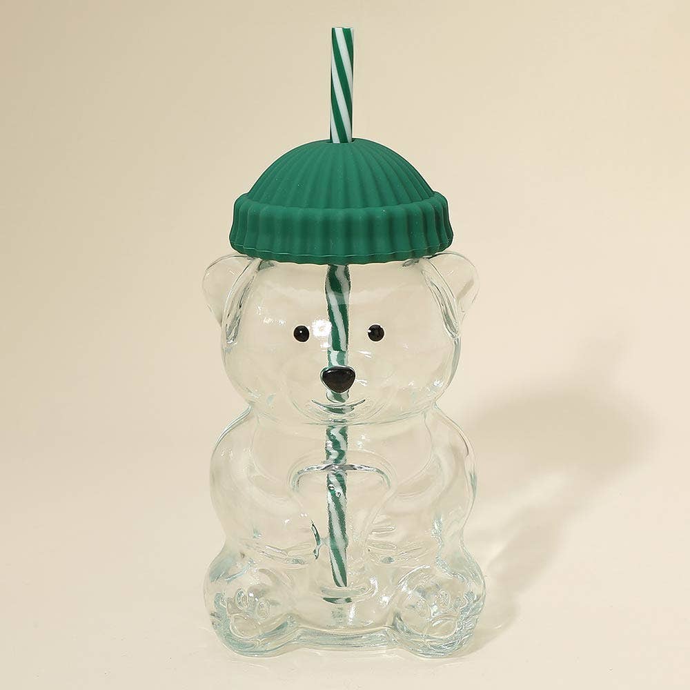 Cute Bear Shaped Glass Drink Cup With Straw