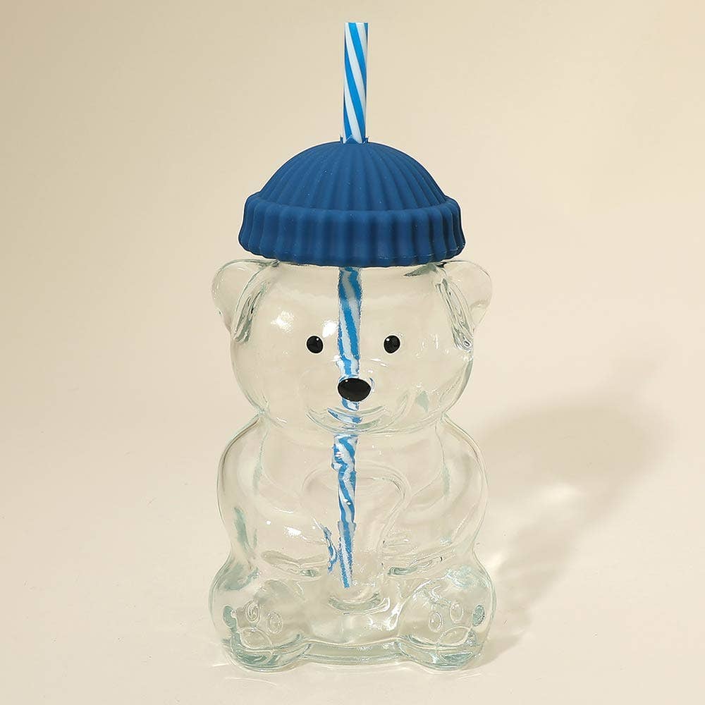 Cute Bear Shaped Glass Drink Cup With Straw