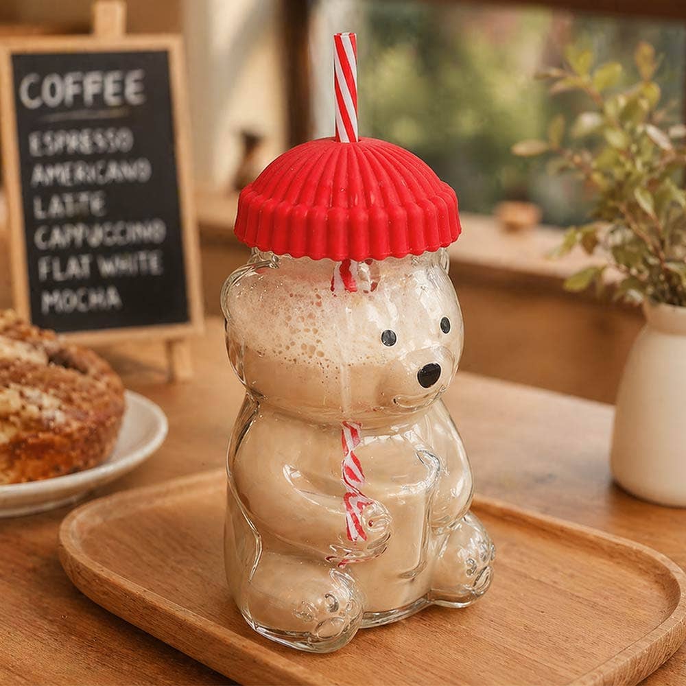 Cute Bear Shaped Glass Drink Cup With Straw