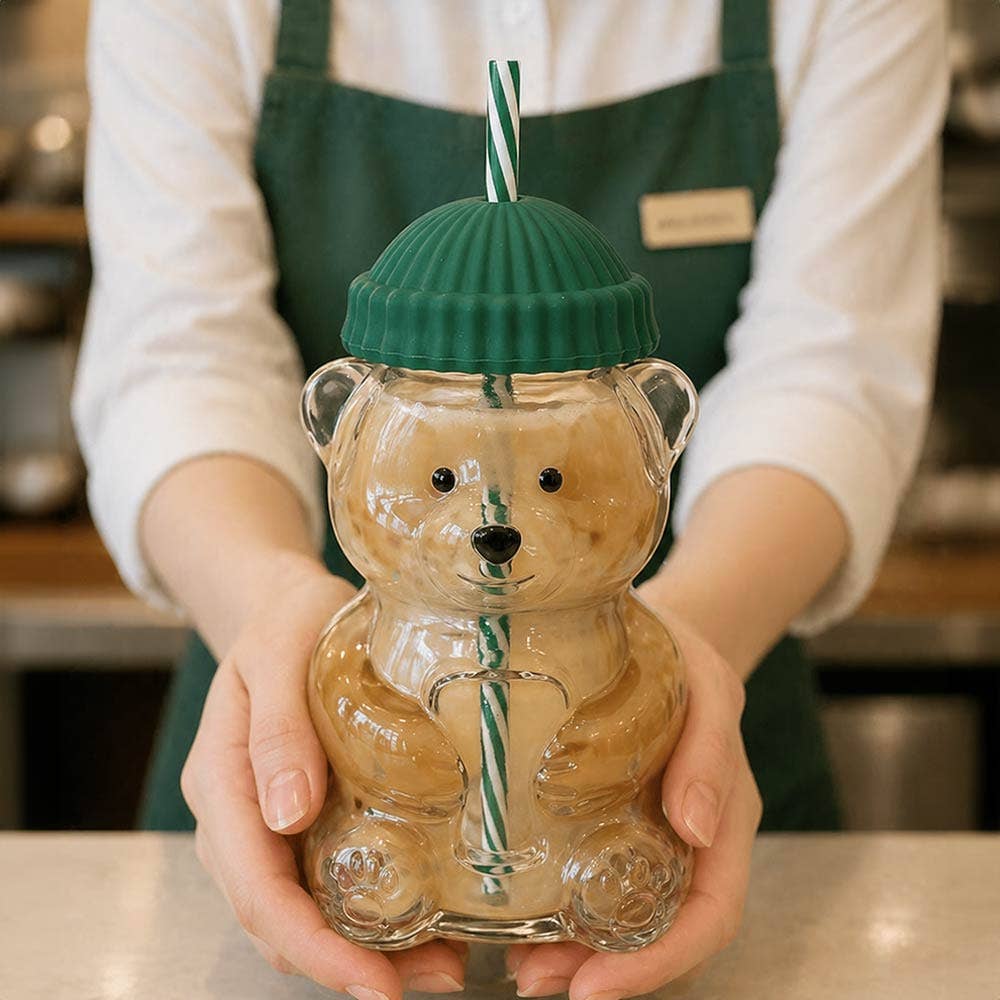 Cute Bear Shaped Glass Drink Cup With Straw
