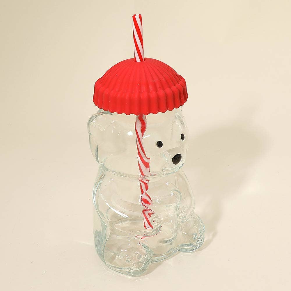 Cute Bear Shaped Glass Drink Cup With Straw