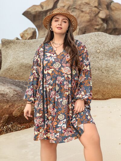 Plus Size Printed V-Neck Balloon Sleeve Mini Dress