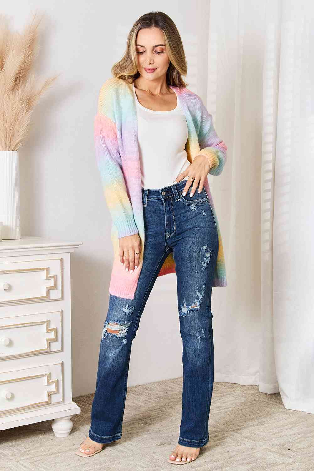 Woven Right Multicolored Gradient Open Front Longline Cardigan